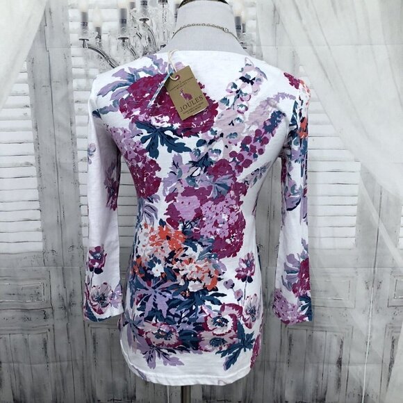 Joules Top US 2 Floral Striped 3/4 Sleeve Shirt White Pink 100% Cotton Pullover - Picture 9 of 12